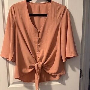 Pink Button-Front Tie Blouse